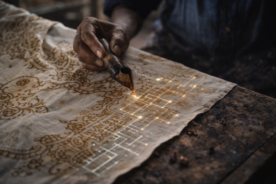 Batik artisan drawing circuit patterns in wax