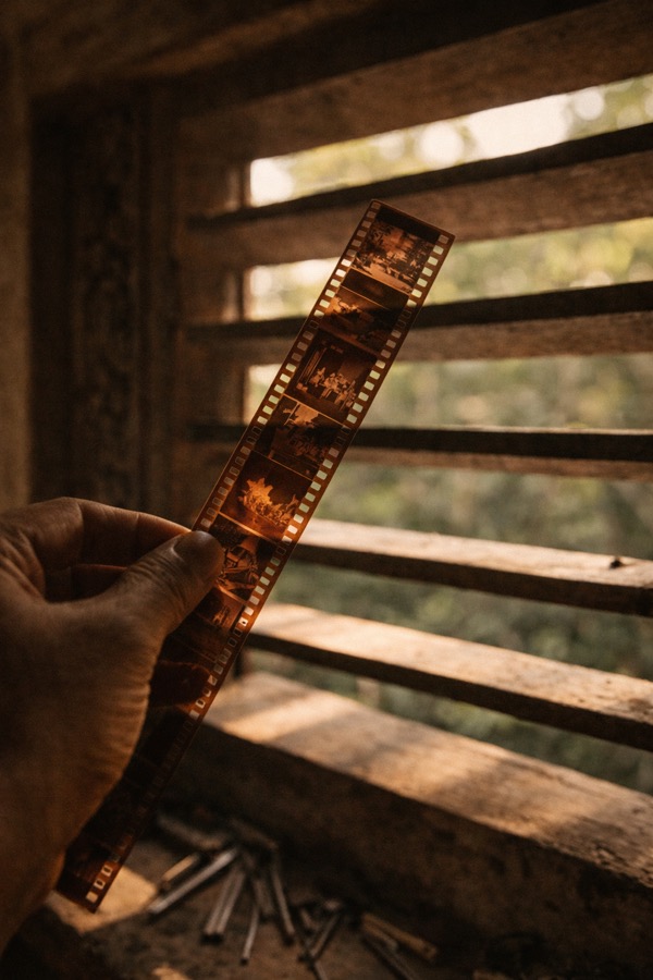 Film negative held to light through a louver window